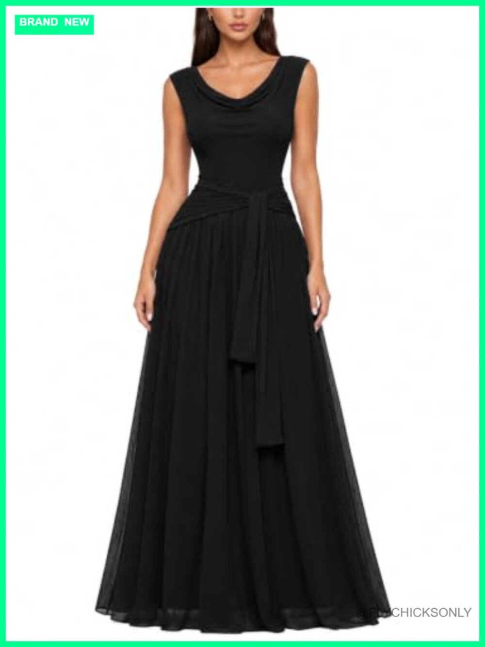 Cowl Neck Ruched Waist Tie Mesh A-Line Maxi Formal Dress